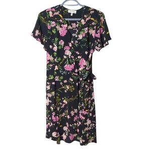 Monteau Black Floral Print Wrap Dress Size Medium
